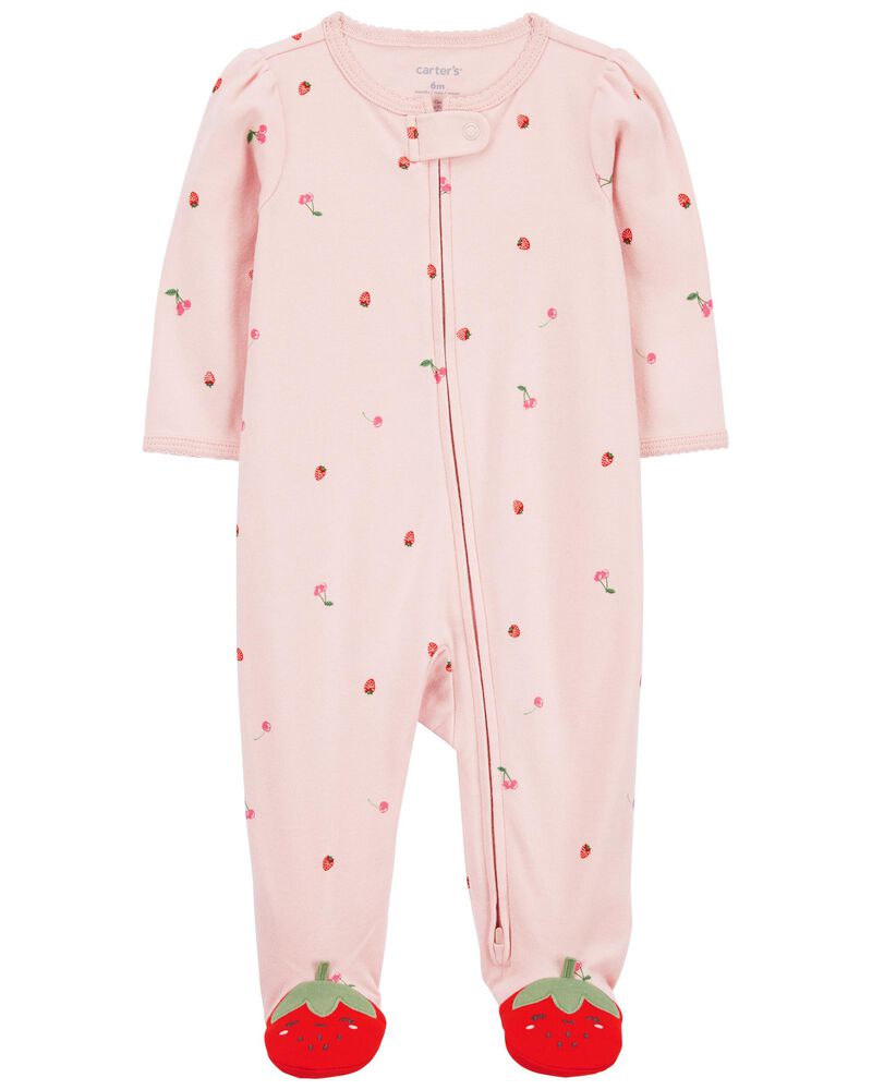 Baby Strawberry 2-Way Zip Cotton Sleep & Play Pajamas, image 1 of 4 slides