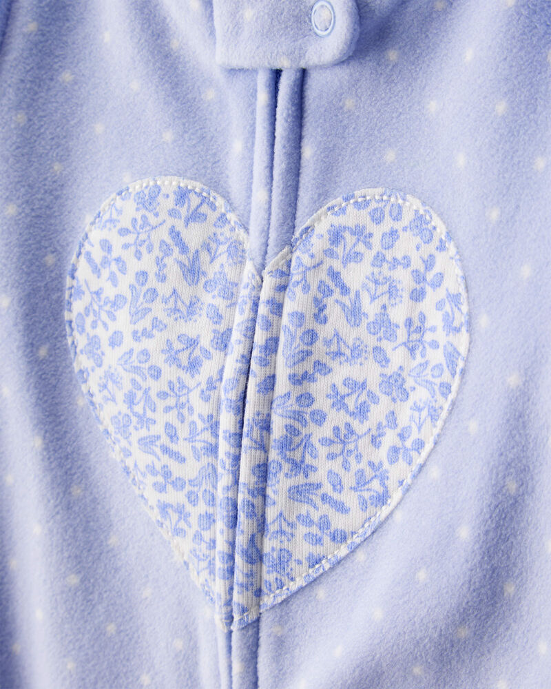 Baby Girl Heart Print Loose Fit Long-Sleeve 2-Way Zip 1-Piece Pajamas - Blue, image 2 of 5 slides