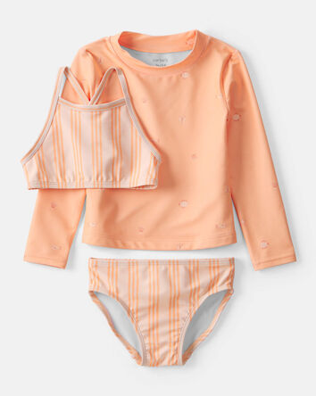 Toddler Girl 3-Piece Striped Rashguard Swimsuit Set - Orange, 