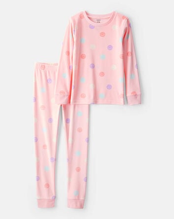 Girls Smiley Face Print Velour Long-Sleeve Loose Fit 2-Piece Pajamas - Pink, 
