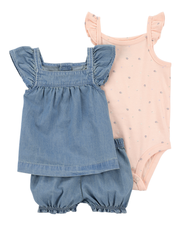 Baby 3-Piece Chambray Outfit Set - Chambray/Pink, 