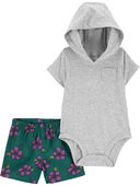 Heather/Green - Baby 2-Piece Hooded Bodysuit & Floral Short Set