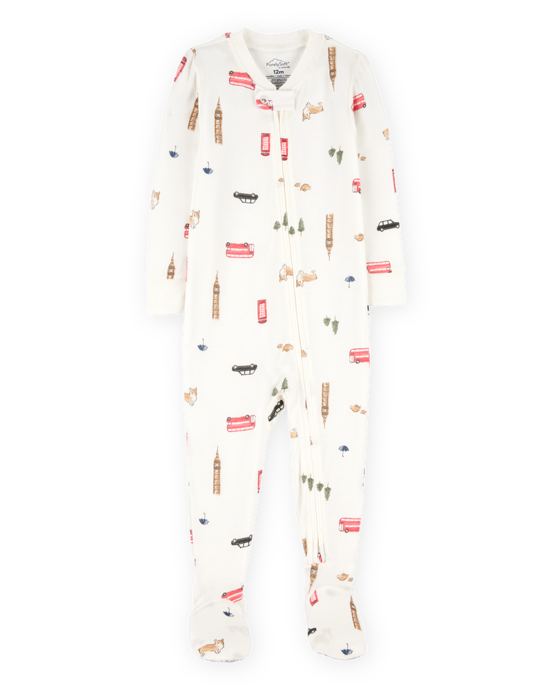 Baby London Print PurelySoft Footie 1-Piece Pajamas - Ivory, image 1 of 5 slides