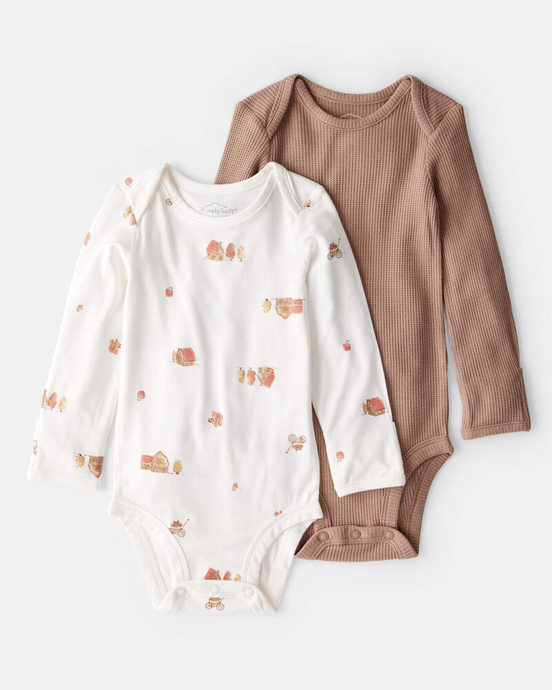 Baby Barn Print PurelySoft Long-Sleeve Multipack Bodysuits - Brown/White, image 1 of 7 slides