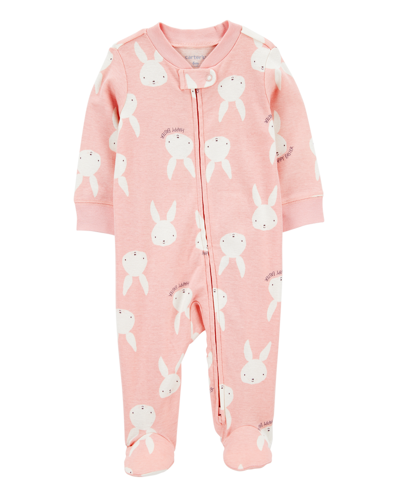 Baby Bunny 2-Way Zip Cotton Sleep & Play Pajamas - Pink, image 1 of 3 slides