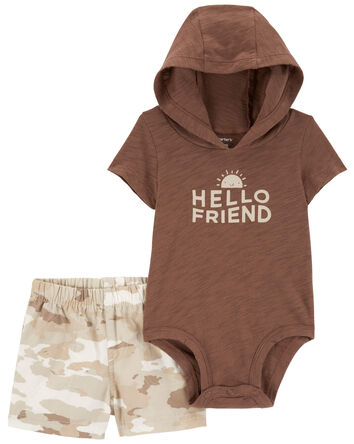 Baby 2-Piece Hello Friend Hooded Bodysuit & Camo Short Set, 
