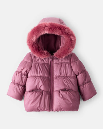 Baby Girl Hooded Puffer Jacket - Burgundy, 