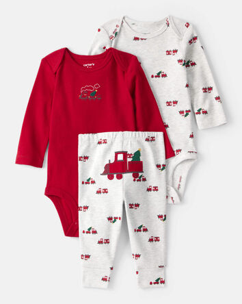 Baby Boy 3-Piece Train Print Long-Sleeve Bodysuits & Pant Set - Red/White, 