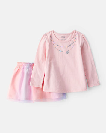 Toddler 2-Piece Necklace Printed Tee & Rainbow Skirt Set - Pink, 