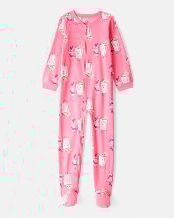 Girls Movie Print Fleece Long-Sleeve Zip-Up 1-Piece Pajamas - Pink, 