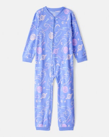 Girls Space Print Loose Fit Long-Sleeve Zip-Up 1-Piece Pajamas - Blue, 