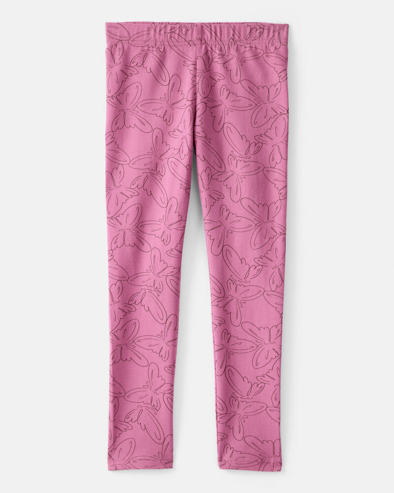 Girls Butterfly Print Cotton Pull-On Stretch Leggings - Pink, image 2 of 4 slides
