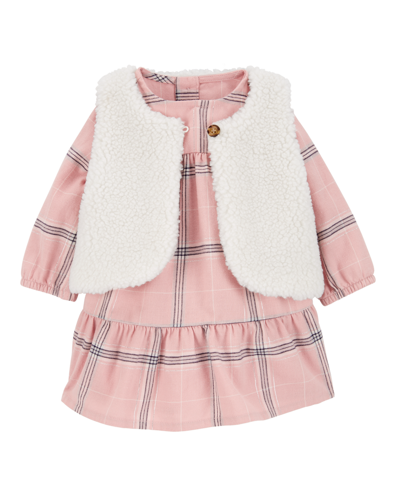 Baby 2-Piece Plaid Dress & Sherpa Vest Set, image 1 of 7 slides