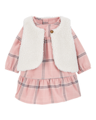Baby 2-Piece Plaid Dress & Sherpa Vest Set, image 1 of 7 slides