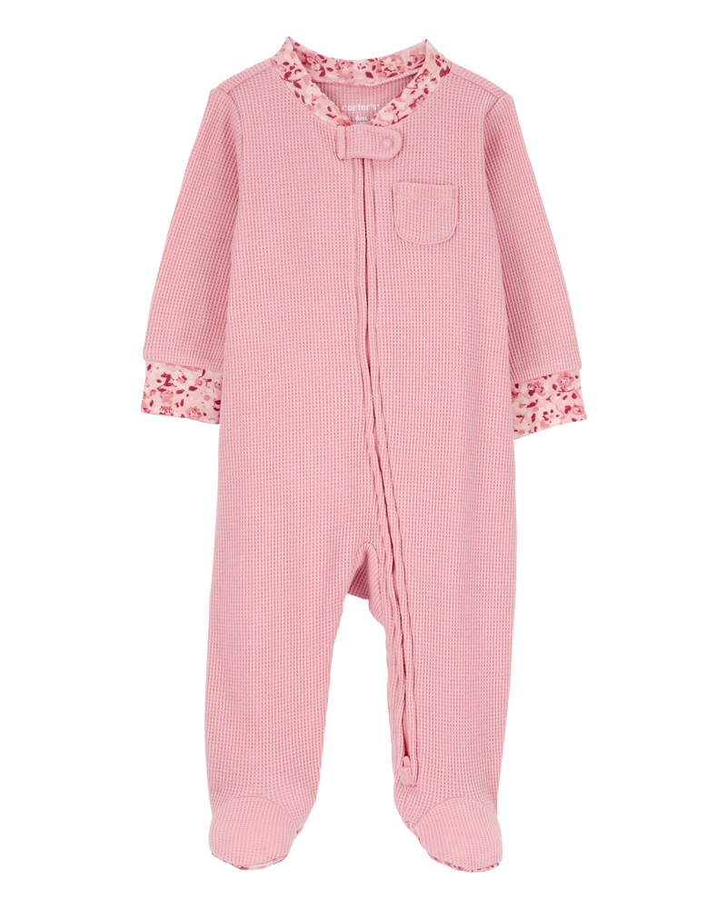 Baby Floral 2-Way Zip Waffle Knit Sleep & Play Pajamas - Pink, image 1 of 4 slides