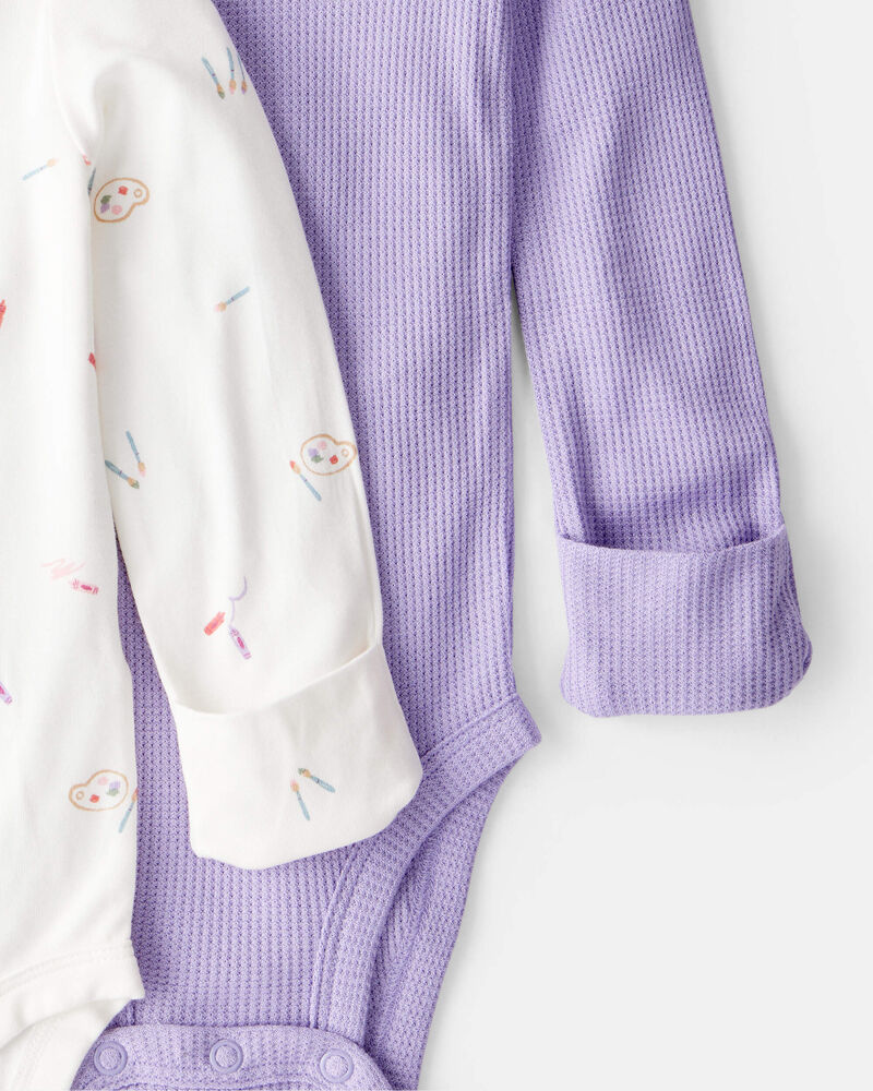 Baby Girl Paint Print PurelySoft Long-Sleeve Multipack Bodysuits - White/Purple, image 2 of 7 slides
