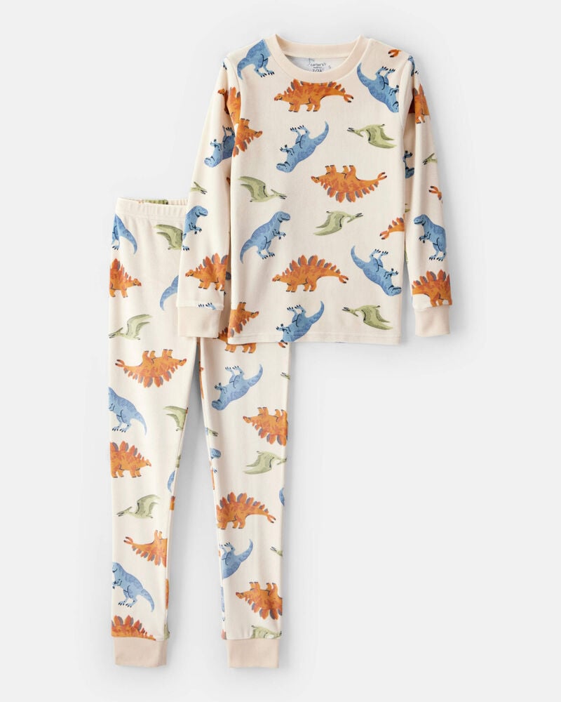 Boys Dinosaur Print Velour Long-Sleeve Loose Fit 2-Piece Pajamas - Tan, image 1 of 3 slides
