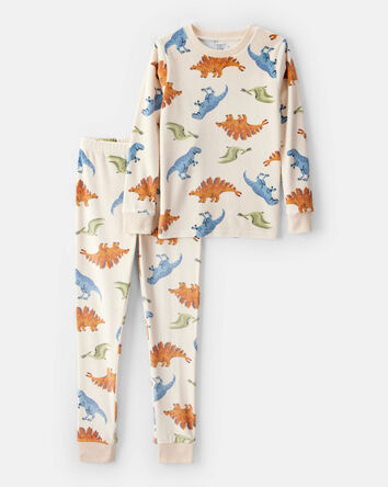 Boys Dinosaur Print Velour Long-Sleeve Loose Fit 2-Piece Pajamas - Tan, 