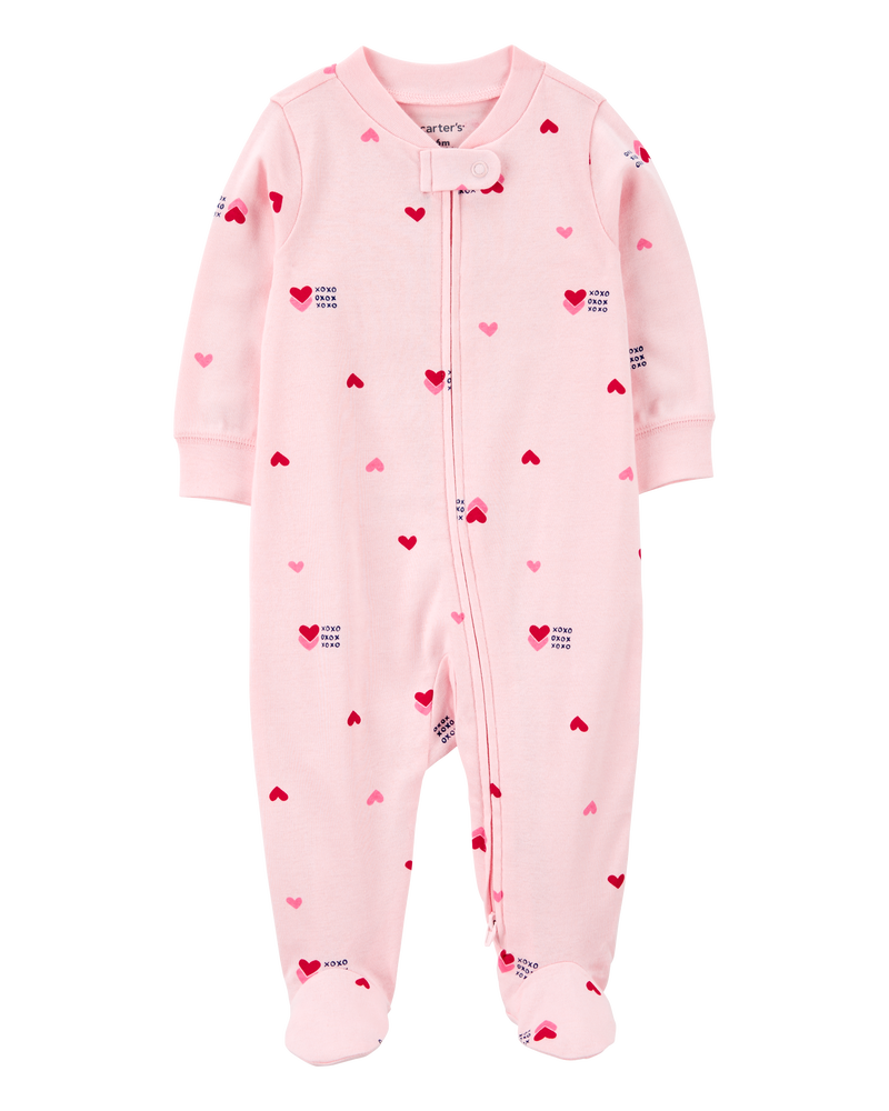 Baby Valentine's Day Heart 2-Way Zip Cotton Sleep & Play Pajamas - Pink, image 1 of 3 slides