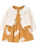 Brown/White - Baby 2-Piece Feather Bodysuit Dress & Cardigan Set