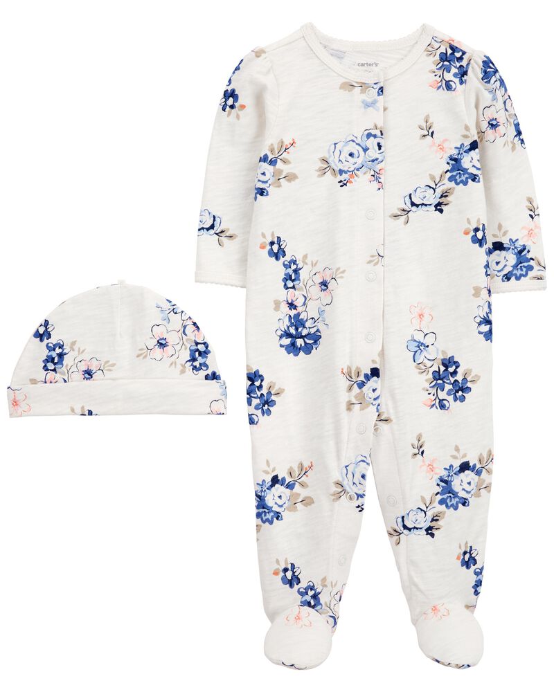 Baby 2-Piece Floral Snap-Up Sleep & Play & Cap Set, image 1 of 3 slides