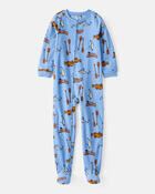 Kid 1-Piece Fishing Print Fleece Footie Pajamas - Blue, image 1 of 3 slides