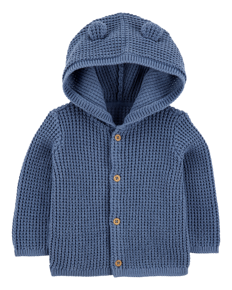 Baby Hooded Waffle Knit Cardigan - Navy Blue, image 1 of 3 slides