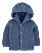 Baby Hooded Waffle Knit Cardigan - Navy Blue, image 1 of 3 slides