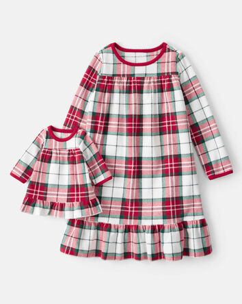 Plaid Print Fleece 2-Piece Night Gown & & Matching Doll Gown - Red/White, 