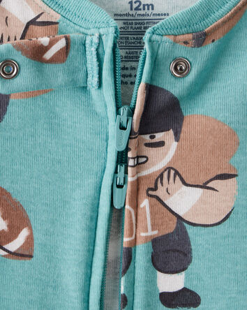 Toddler Boy Football Print 100% Cotton Long-Sleeve 2-Way Zip 1-Piece Pajamas - Green, 