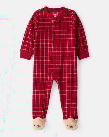 Toddler Boy Plaid Print Fleece Long-Sleeve Loose Fit 1-Piece Pajamas - Red, 