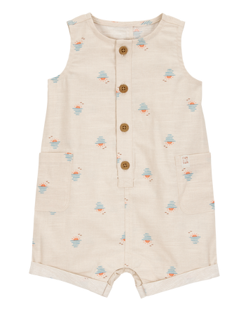 Baby Boy Button-Front Sunset Print Sleeveless Romper - Tan, 
