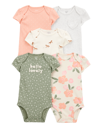 Baby Girl 5-Pack Floral Horses Short-Sleeve Cotton Bodysuits - Pink/Green, 