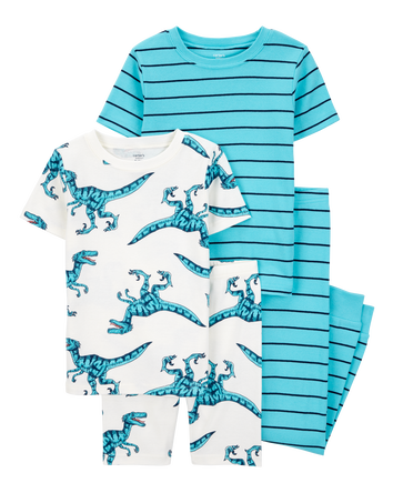 Kid 4-Piece Striped Dinosaur 100% Snug Fit Cotton Pajamas, 