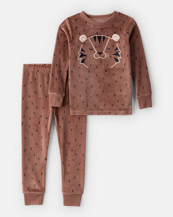 Toddler Boy Tiger Print Velour Long-Sleeve Loose Fit 2-Piece Pajamas - Brown, 