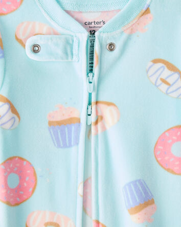 Baby Girl Donuts Print Velour Long-Sleeve Loose Fit 1-Piece Pajamas - Blue, 