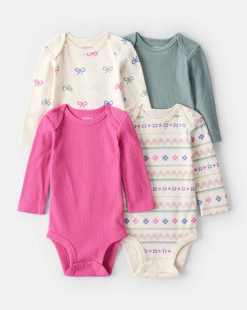 Baby Girl 4-Pack Bow Print Long-Sleeve Multipack Bodysuits - Multi, 
