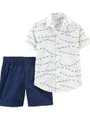 White/Navy - Toddler 2-Piece Button-Front Shirt & Short Set