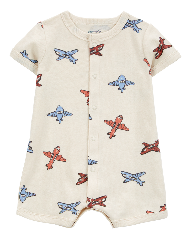 Baby Boy Airplane-Print Ribbed Short-Sleeve Romper - Cream, image 1 of 3 slides