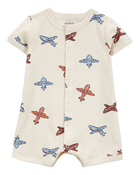 Baby Boy Airplane-Print Ribbed Short-Sleeve Romper - Cream, image 1 of 3 slides