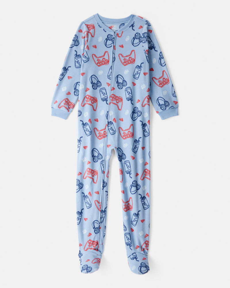 Boys Video Games Print Fleece Long-Sleeve Zip-Up 1-Piece Pajamas - Blue, image 1 of 3 slides