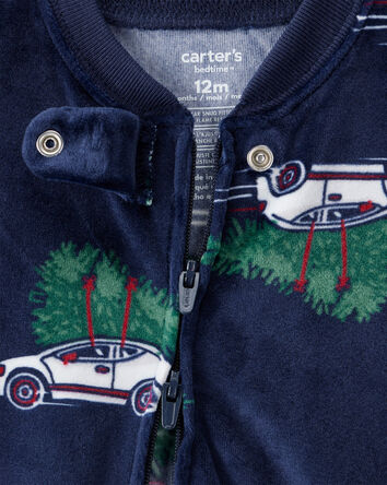 Baby Boy Car Print Velour Long-Sleeve Loose Fit 1-Piece Pajamas - Navy, 