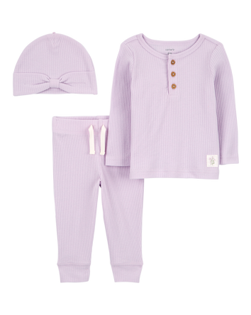 Baby 3-Piece Ribbed Outfit Set - Purple, 