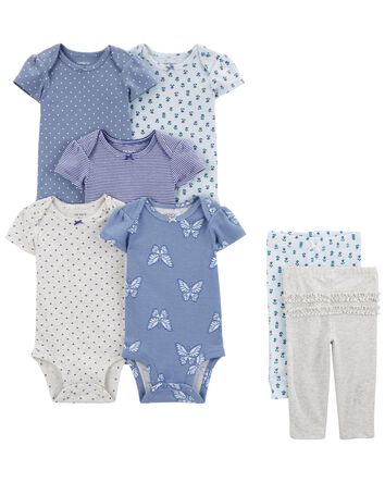 Baby 7-Piece Short-Sleeve Bodysuits & Pull-On Pants Set, 