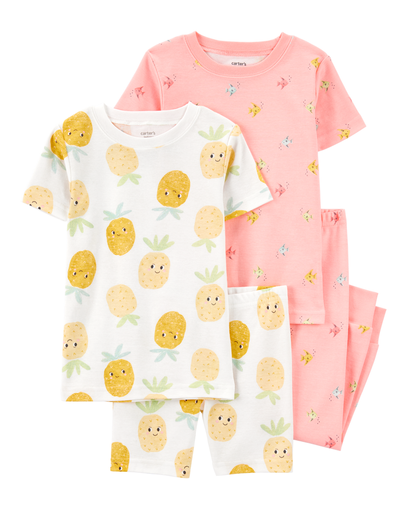 Toddler 4-Piece Pineapple & Fish Print 100% Snug Fit Cotton Pajamas - Pink/Yellow, image 1 of 4 slides