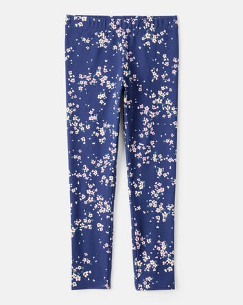 Girls Floral Cotton Pull-On Stretch Leggings - Navy, 