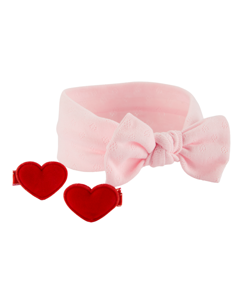Baby Girl 3-Piece Valentine's Day Headwrap & Heart Clips Set - Pink, image 1 of 2 slides