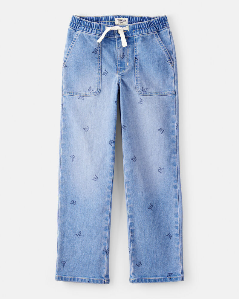 Girls Butterfly Print Denim Pull-On Jeans - Blue, image 1 of 4 slides