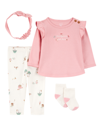 Baby 4-Piece Farm Print Outfit Set - White/Pink, 