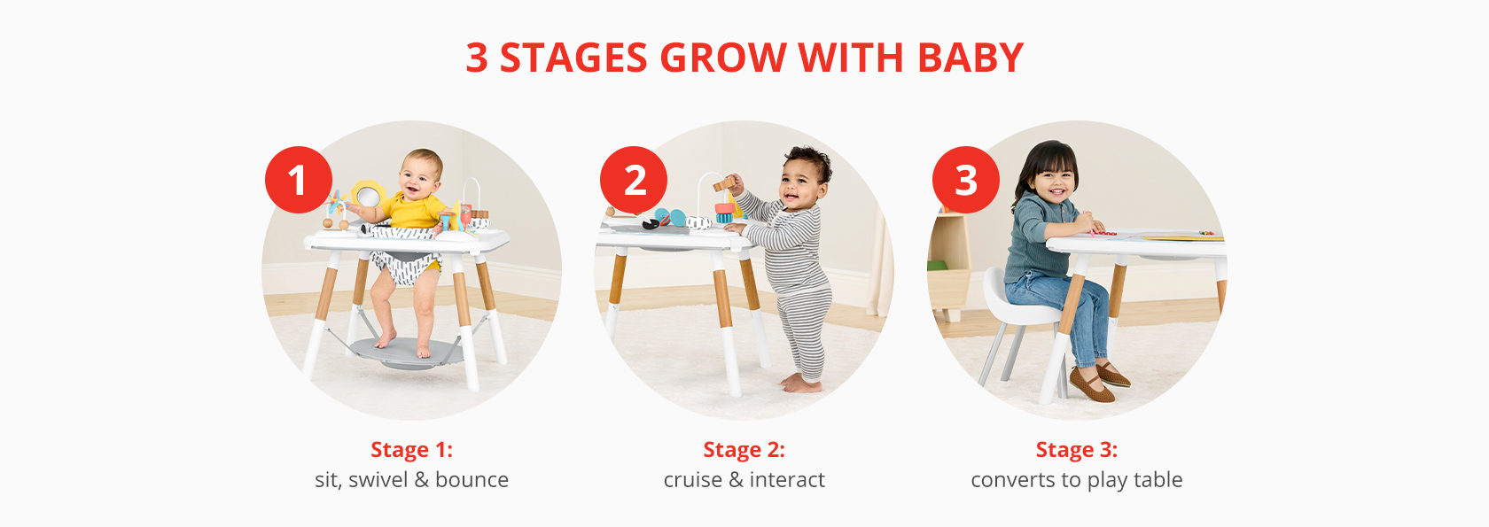 Discoverosity Montessori-Inspired Activity Center grows with baby in 3 stages and converts to a play table when child is older.